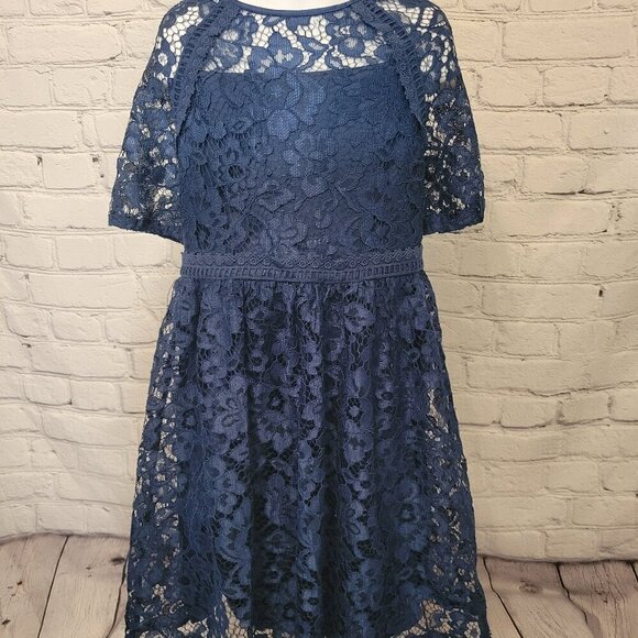 Us Angels Girl's Lace Puff Sleeve Dress - Navy - Picture 1 of 7